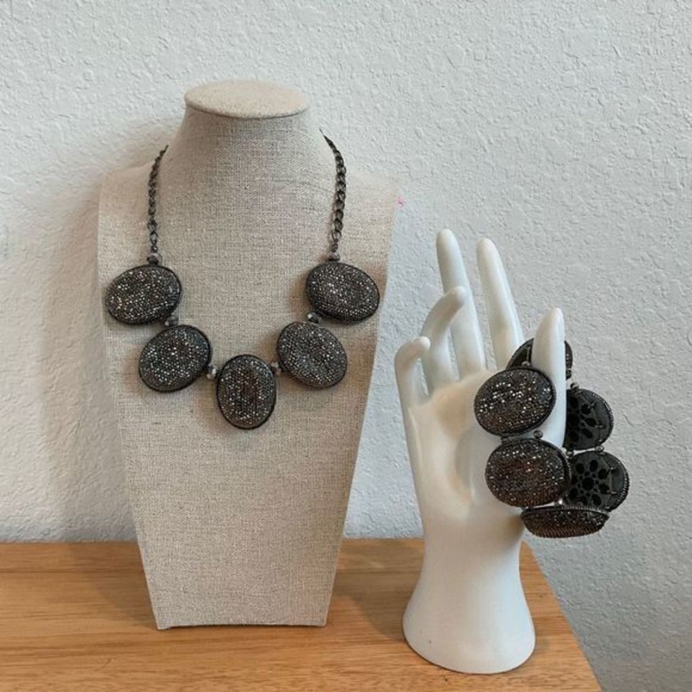 NWOT Vintage Necklace Oxidized Ovals With Silvery Rhinestones Used‎ + Bracelet
